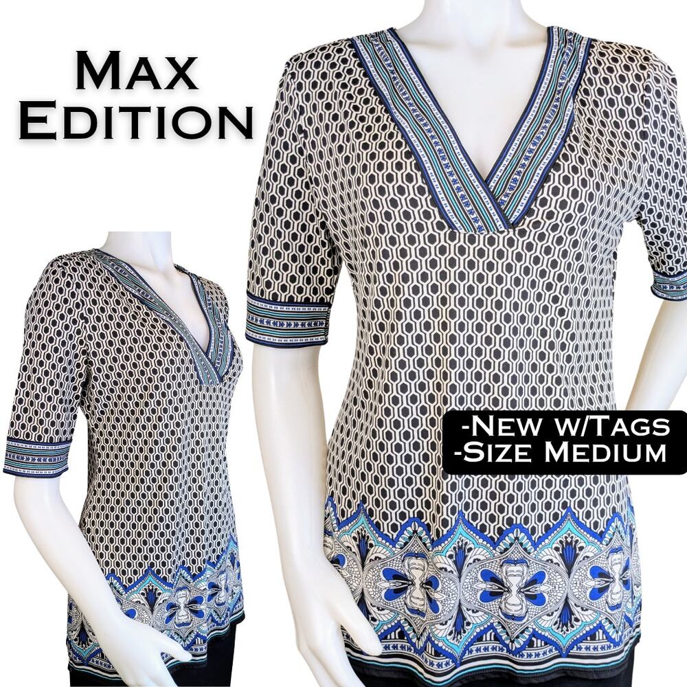 Max Edition Blouse Top Medium Blue White Mixed Print V-Neck Boho Career NEW